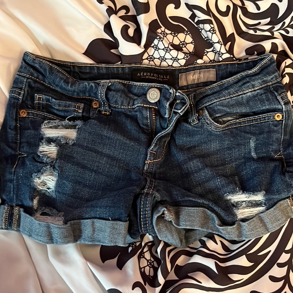 Aeropostale ripped midi shorts dark wash